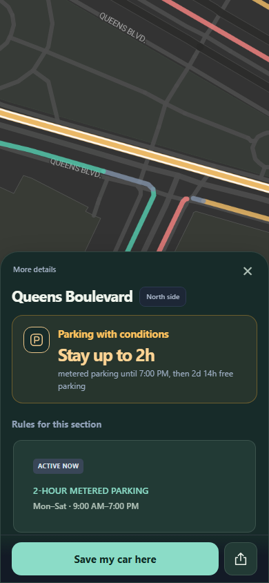 Curbwise example on the north side of Queens Boulevard: parking with conditions, stay up to two hours, with a two-hour meter rule active Monday through Saturday from 9 AM to 7 PM.