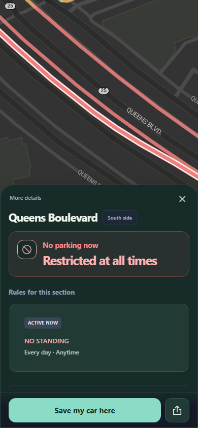 Curbwise example on the south side of Queens Boulevard: no parking now because a No Standing rule applies every day, at any time.